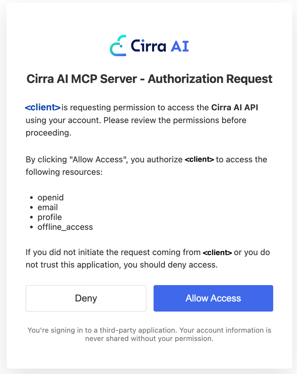 MCP server authorization request dialog asking the user to review requested permissions and click Allow Access