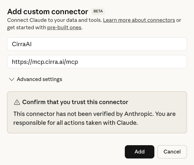 Add custom connector dialog showing CirraAI as the connector name and https://mcp.cirra.ai/mcp as the server URL